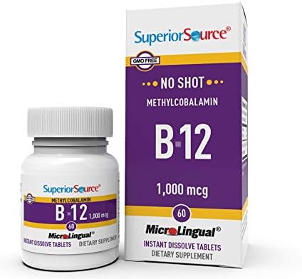 Superior Source No Shot Vitamin B12 Methylcobalamin 1000 mcg, Quick Dissolve MicroLingual Tablets, 60 Count, Active Form of B12, Supports Energy Production, Nervous System Support, Non-GMO