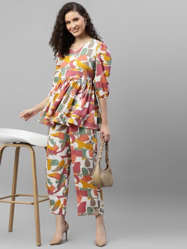 Image of DEEBACO Women's Abstract Print Top & Pants Co Ord Set for Women V Neck 3 /4 Puff Sleeve Ladies Party Casual Wear Fashionable for Girls Loose Fit Cord Set (DBCOMR00000984 XL Multicolor)