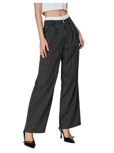 SOLY HUX Women's Striped Pants Color Block High Waisted Wide Leg