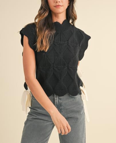 Image of Women Side Tie Sweater Vest Scallop Trim Mock Neck Knit Vest Bow Lace Up Ribbon Sweater Tank Top Knitwear