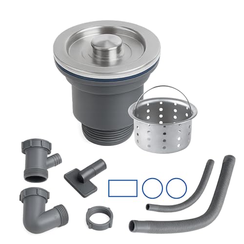 Kit Desagüe para Tarja de Cocina - Contracanasta con Colador 3-1/2' + Sifón + Céspol Flexible Doble - Tubo de Drenaje para Fregadero - Acero Inoxidable Color Plateado...