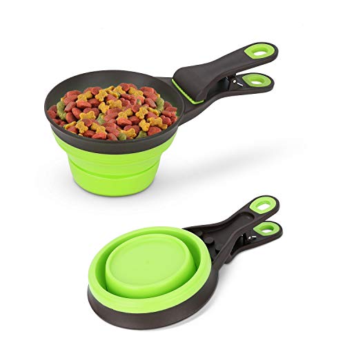 Sweet Pet Products Silicone Measuring Cups for Pet Dog and Cat,3 in 1 Collapsible Sealing Clip for Storage Bag,Pet Food Scoop 1/2 Cup/1 Cup/2 Cup Capacity (1/2 Cup, Green)