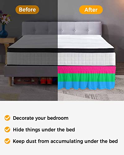 Blue Green Pink Bed Skirt Cal King Size 16 Inch Drop, Adjustable & Elastic Wrap Around Bed Skirts Pleated Luxury Dust Ruffles For Twin Full Queen Cal King Base Bed, Multi Color Pride Heart Stripes #TOP2