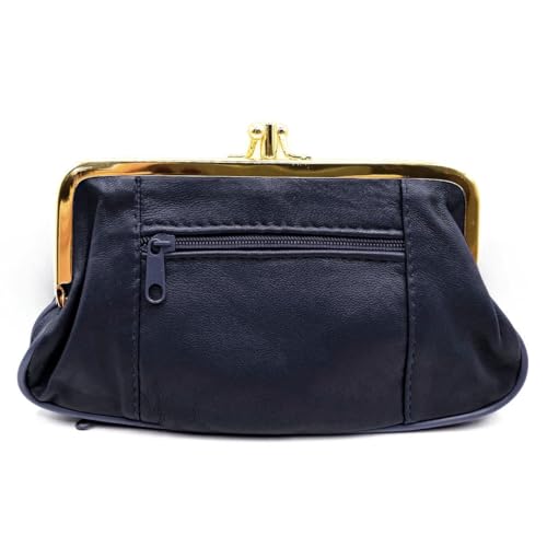 Charmoni - Grande Portefeuille Porte Monnaie Femme - à Fermeture clic clac Fermoir - Poche zippée - en Cuir d'agneau (Bleu Marine)