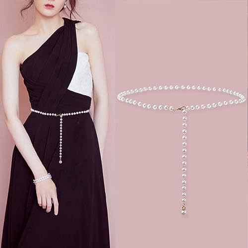 ASVNRES Rhinestone Pearl Elastic Waist Chain Belt, Women Skinny Metal Cinch Belt Gold Waist Belt4