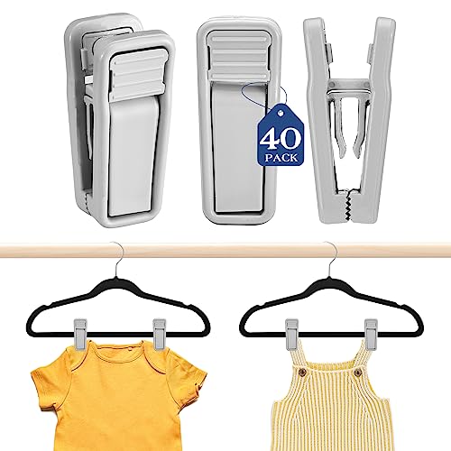 Image of HOUSE DAY 40 Pack Pants Hanger Clips - Strong Pinch Grip Finger Clips for Clothes, Grey Plastic Slim-line Clips Compatible with Velvet & Slim Hangers