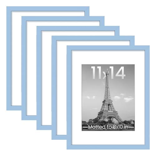 Image of upsimples 11x14 Picture Frame Set of 5, Display Pictures 8x10 with Mat or 11x14 Without, Wall Gallery Photo Frames, Blue