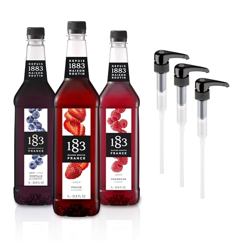 Image of 1883 Strawberry, Blueberry, Raspberry Syrups with Pumps (Berry Lovers) for Drinks - 1 Liter Plastic Bottles (Pack of 3)
