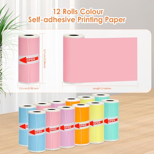 Image of HuiJuKeJi 12 Rolls Mini Printer Sticker Paper Self Adhesive 57x25mm 12 Rolls Color Paper for Inkless Portable Bluetooth Printer for Printing Photos, Notes