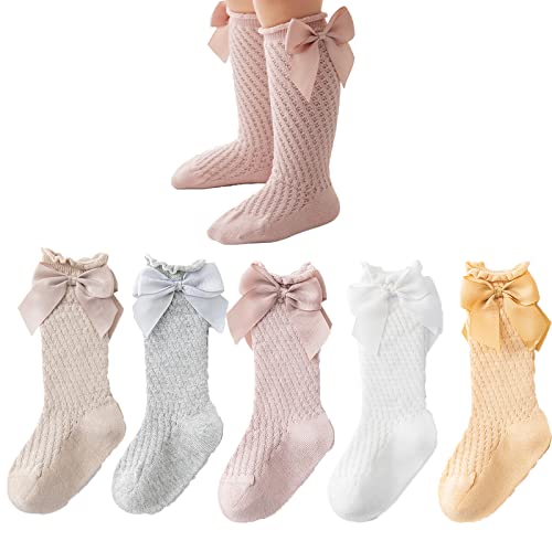 Image of TIBE PINCESS Baby Girls knee high socks Toddler Bow Mesh Breathable Dress Socks Kids Cotton Tube Uniform Stockings