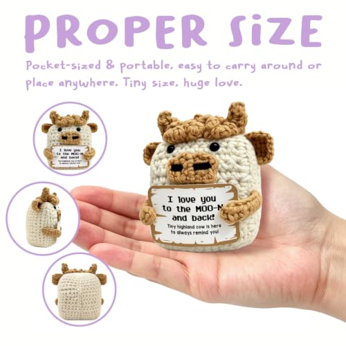 I Love You to the Moon and Back Crochet Highland Cow Gifts for Women Couples Girlfriend Mom, Handmade Emotional Support Pocket Gifts, Cute Desk Ornament for Anniversary Valentines Birthday Present - Image 4