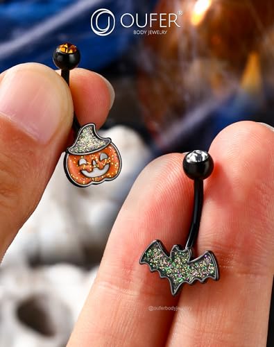OUFER 2PCS Halloween Belly Button Rings, Pumpkin Bat Stainless Surgical Steel Belly Button Piercing Jewelry for Women Men, Orange Navel Piercing Jewelry, 14G Black Curved Barbells-10mm4