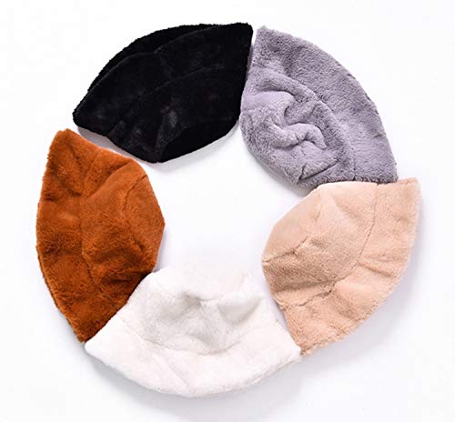Women Winter Plush Bucket Hat Warm Solid Color Faux Fur Fisherman Cap White #TOP2