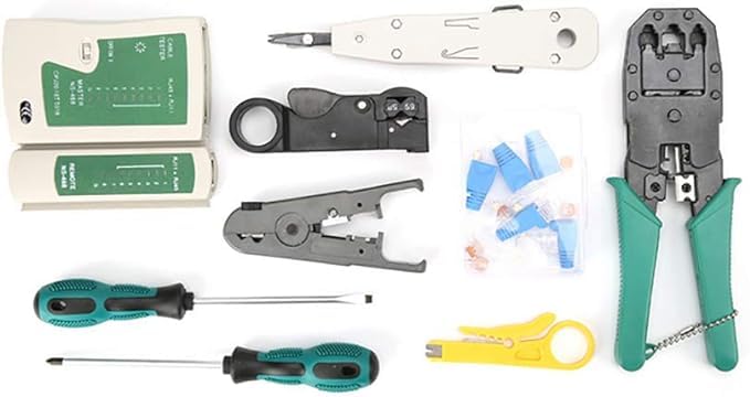 SQUADO Set di Attrezzi per Riparazione di Rete Professionale, Tester per Cavi di Rete, Cavi Patch, Tester per Computer, RJ11 RJ45, Borsa Porta Attrezzi Nera