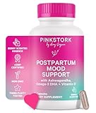Pink Stork Postpartum Mood Support - Postnatal Hormone Balance for Women - Breastfeeding Friendly - Stress & Cognitive Support, New Mom Essentials - Ashwagandha, Chamomile, & Vitamin D, 60 Capsules