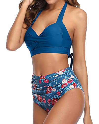 Tempt Me Women's Vintage Swimsuits Blue Flower Retro Halter Ruched High Waist Bikini With Bottom M #TOP2
