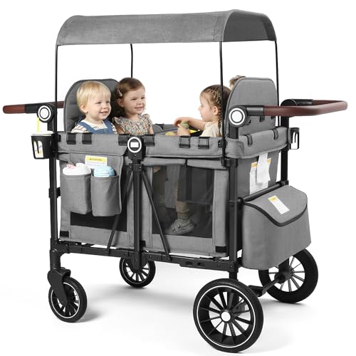 Image of Kinder King Wagon Stroller for 4 Kids, All-Terrain Foldable Outdoor Stroller Wagon 4 Seater, Removable Canopy, Adjustable Handle, Shock-Absorbing Wheel, Detachable Tray, Large Storage, Grey