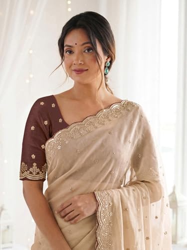 Image of SIRIL Women's Shimmer Georgette Scalloped Border Sequins Embroidery Saree with Unstitched Blouse Piece
