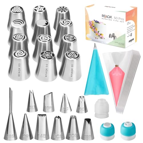 RFAQK 50 Pcs Russian Piping Tips Complete Set with Booklet, Ebook and Video Course - Cake Decorating Kit with Piping Bags and Tips Set for Cookie Cupcake & Cake Decoration, Baking Gift Set for Women