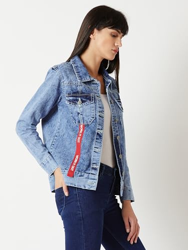 Image of Miss Chase Women's Polo Neck Full Sleeves Patch Pocket Denim Overcoat Knee-Length Jacket