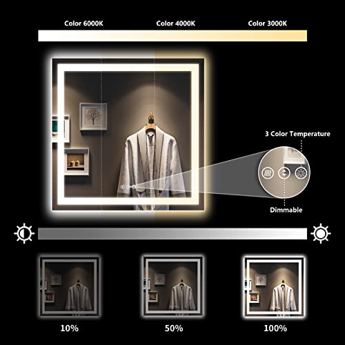 Image of 36x36 Inch LED Bathroom Mirror with Lights Front and Backlit Lighted Vanity Mirror for Bathroom Wall with 3 Colors Dimmable Anti-Fog Memory Shatter-Proof IP54 Waterproof Horizontal /Vertical