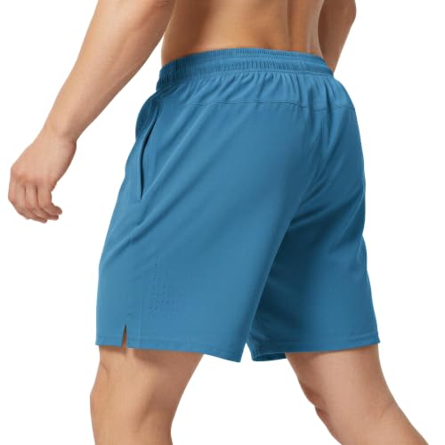 Yufawow 7 Inch Men Swim Trunks Gym Shorts with Mesh Liner Zipper Pocket Quick Dry Breathable for Workout Runing Beach Pool Small Solid Aqua