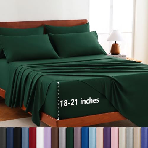 CozyLux Extra Deep Pocket King Size Sheets Set - 6 Piece Microfiber King Sheets Fits Mattress up to 21 Oeko-TEX Certified Breathable Bedroom Decor Bedding Easy & Secure Fit Emerald Green