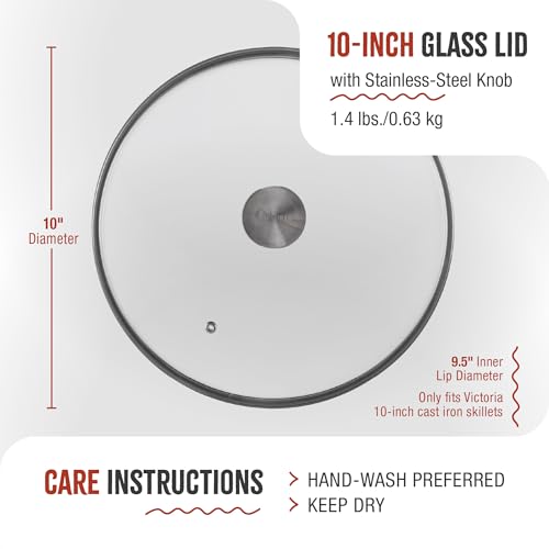 Image of 9.5-Inch Glass Lid for Victoria Round 10-Inch Cast Iron Skillet or Pan, Custom Made for Only Victoria Brand, Internal Diameter 9.5-Inch, External Diamter 10 Inch