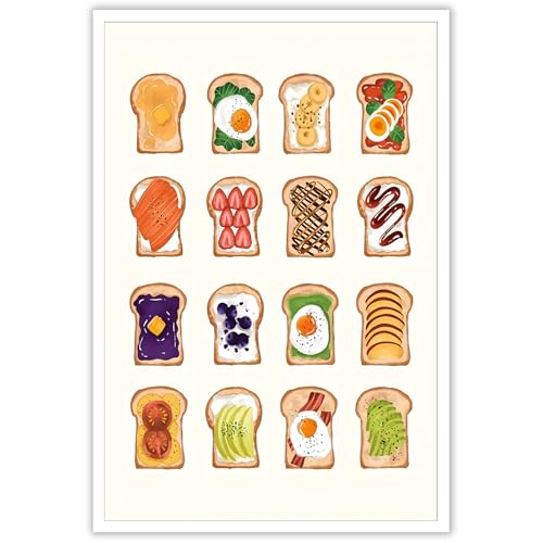 Cute Kitchen Canvas Wall Art Trendy Breakfast Toast Poster Funny Fruits Vegetables Fried Egg Food Prints Painting For Kitchen Living Room Dining Room Wall Decor 12x16in Unframed