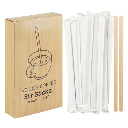DTFMZOV 100 Pcs Coffee Stirrers Individually Wrapped 5.5 Inch Wooden Coffee Stir Sticks Coffee Stirs Disposable with Smooth Round Ends for Coffee Cocktail Drinks Coffee Bar Accessories