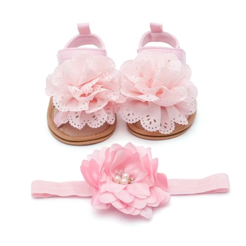Baby Girl Sandals with Lace Flower Headband– Premium PU Leather S...