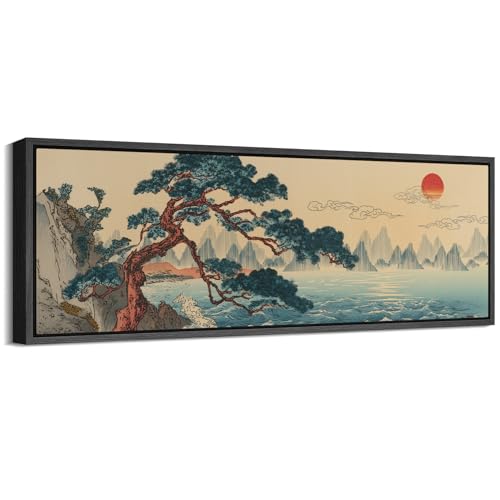 Image of MUDECOR Large Framed Canvas Print Wall Art Traditional Asian Coastal Pine Tree Sunrise Landscape Antique Retro Ready to Hang Painting for Living Room Bedroom Multi-Sizes - 60 inchx20 inch
