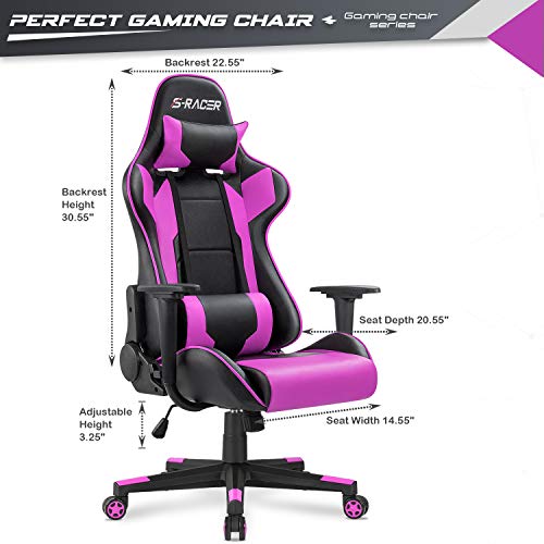 Furniwell Gaming Chair Racing Computer Chair PC Office Desk Chair Adjustable Swivel High Back Carbon Fiber Style PU Leather Executive Ergonomic Chair with Headrest and Lumbar Support (Violet) - Thumbnail 7