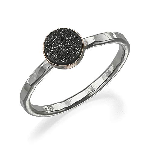 Handmade Hammered 2 Tone Silver Ring and Black Druzy Gemstone on a 14K Gold filled Base, Stackable Band (5)