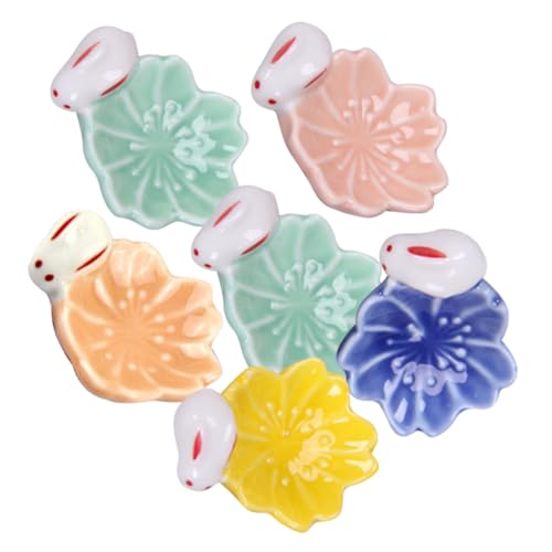 OFFIGAM 6個 日式陶瓷?花ウサギ箸置き 食卓用かわいい箸ホルダー スプーン置き兼用 お手入れ簡単で収納便利 家や に ランダ ランダムカラー