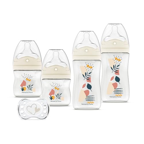 DODIE Lot de 4 Biberons Naissance, anti-colique, Tetine Multi-Perforée (2x150mL et 2x270mL), une sucette naissance, Terracotta