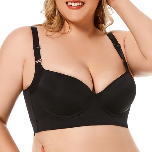 TESOON Full Coverage Deep V Seamless for Women's Plus Size Bras Comfort Cotton Soft Underwire Support Bra Black 50F
