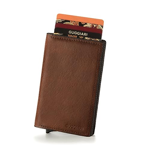 GUGGIARI® Porta Carte Credito Uomo in Pelle - Portacarte RFID in Alluminio con Porta Monete e Tasca di Cortesia con Chiusura Magnetica - Portafoglio Uomo Slim - Leather - Brown