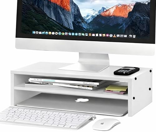 Image of Enigmatic Woodworks Wooden Monitor Stand with Storage Organizer for Desk, Tables, Office, Home, Studio, Study Table (White)