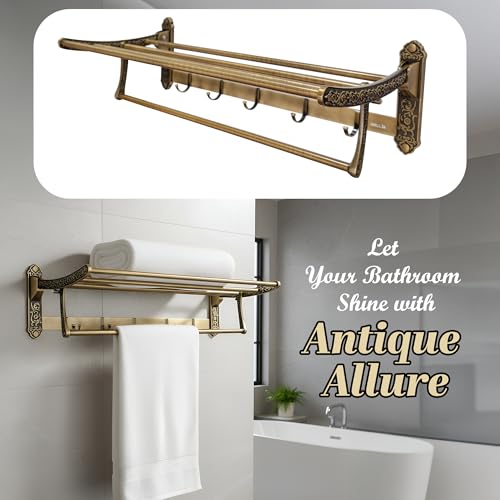 Image of iBELL 60 cm (23.6-Inch) Golden Antique Stainless Steel Folding Towel Rack for Bathroom | 90 Foldable Space-Saving Towel Stand | Towel Hanger | Bathroom Accessories