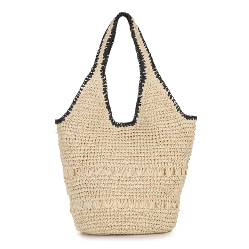 Sac cabas tissé femme bohème épaule grand sac de plage paille et raphia
