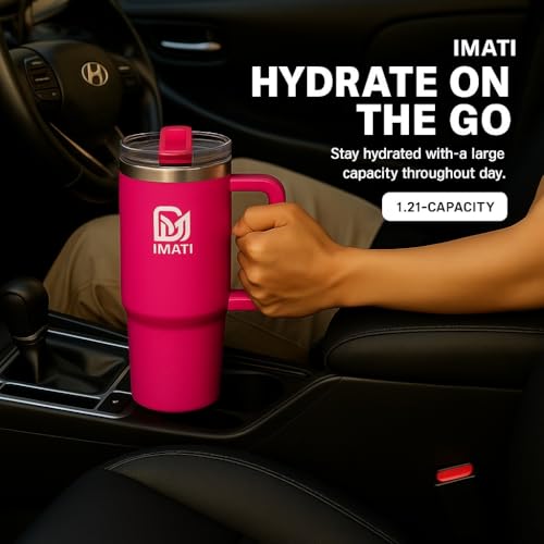 Image of IMATI 40oz Stainless Steel Insulated Tumbler with Side Handle & 2 Straws 2 Leakproof Lid Included - Double Wall Travel Mug for Warm & Cold Drinks Water Bottle for Gym Office Travel(Pink)