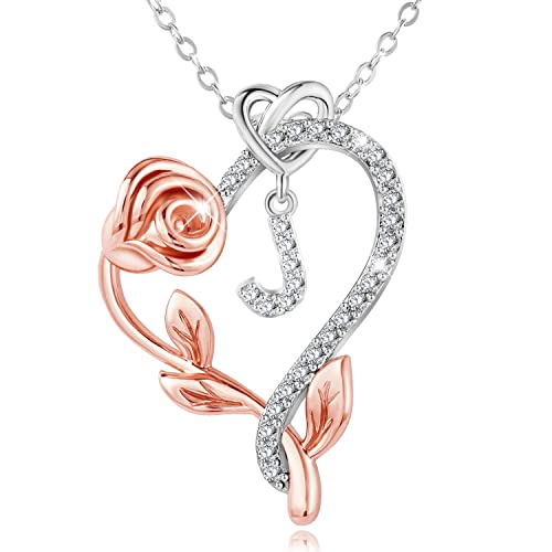 Snzm Initial Necklaces For Women-925 Sterling Silver Rose Heart Letter Pendant Necklace With 5A Cubic Zirconia Dainty Jewelry Birthday Christmas Gifts For Daughter Wife Mum #TOP24