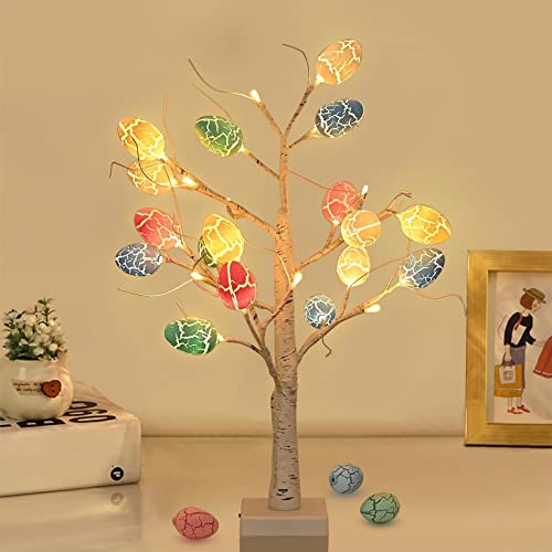 Easter Decorations 24 Inch Pre-lit White Birch Tree With Egg Ornaments, Battery Operated 24 Warm White LED Lights Table Centerpiece for Home Spring Holiday Decorations (Dinosaur Eggs)