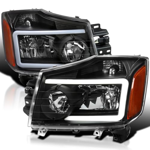 SPEC-D TUNING Black Headlights w/LED Light Bar Compatible with 2004-2015 Nissan Titan 2004-2007 Armada Left + Right Pair Headlamp Assembly