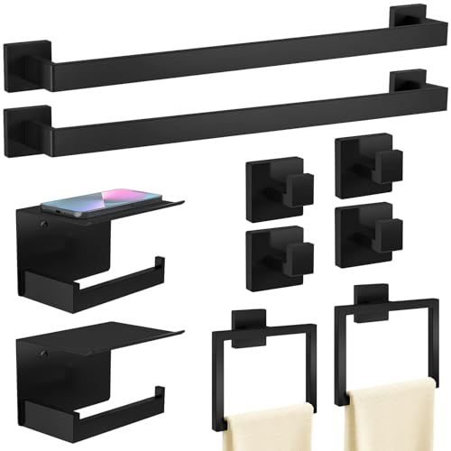 STWWO 10-Piece Matte Black Bathroom Hardware Accessories Set, 24 inch