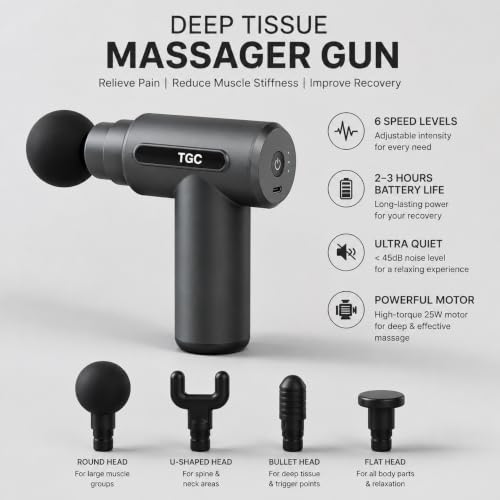 Image of Massage Gun For Pain Relief Deep Tissue - Portable Handheld Body Massager for Muscle Recovery & Pain Relief - 6 Speed Levels, 4 Specialized Heads for Back, Legs & Athletes 1 Month Warranty (Multicolour) (Black )