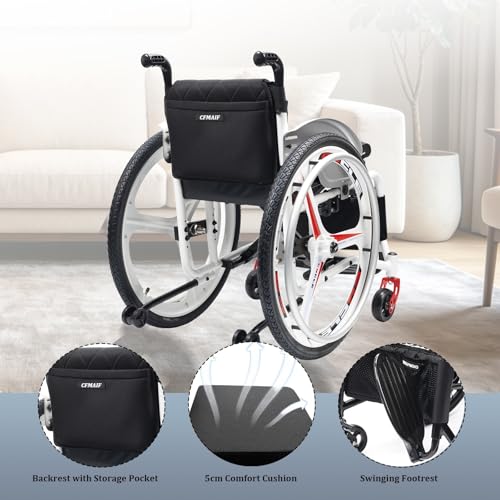 Image of Portable Aluminum Folding Wheelchair, Lightweight Manual Sports Chair with Anti-Tipper, Quick Release Rear Wheels(B,43cm /16.9in Seat)