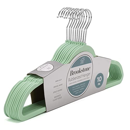 BROOKSTONE, 10 Pack [Non-Slip] High Grade Rubber Coated Plastic Hangers, Ultra Slim Lightweight Design, Heavy-Duty, Won’t Stain Fabric, Swivel 360° Hook, Mint Color