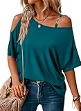 LEIYEE Summer Teal Cold Open Shoulder Tops for Women Sexy Casual Short Sleeve 2025 Trendy Loose Fit T Shirts Blouse Blue Green M
